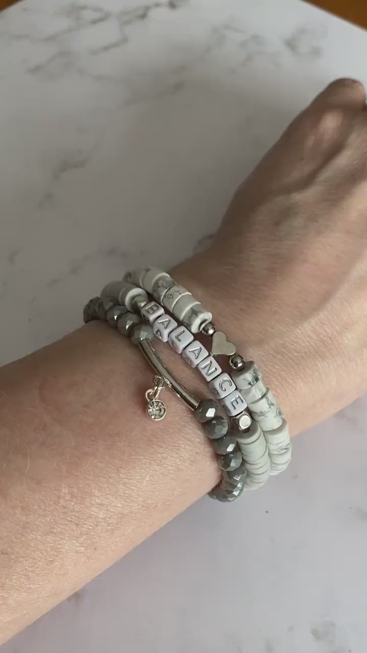 Gray and White Stack Bracelets/Stretch Bracelets/Layering Bracelets/Boho Jewelry/Handmade Gemstone Bracelets/Matching Set