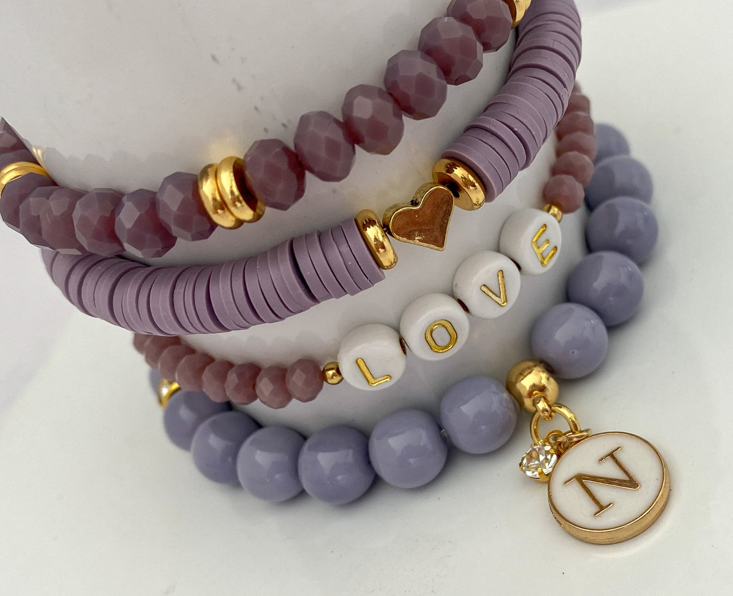 Lavender and Gold Stack Bracelets/Stretch Bracelets/Layering Bracelets/Boho Jewelry/Handmade Gemstone Bracelets