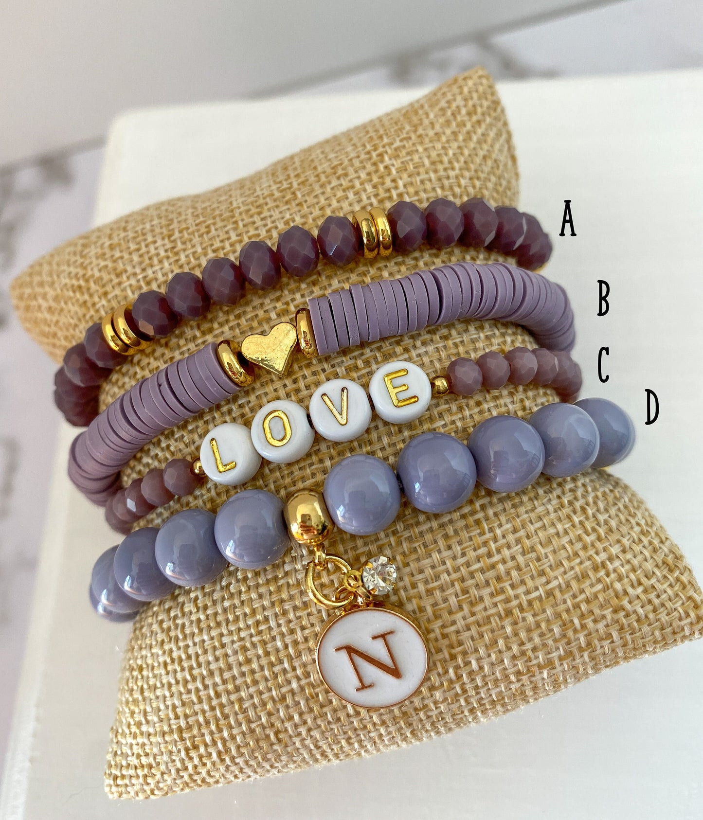 Lavender and Gold Stack Bracelets/Stretch Bracelets/Layering Bracelets/Boho Jewelry/Handmade Gemstone Bracelets