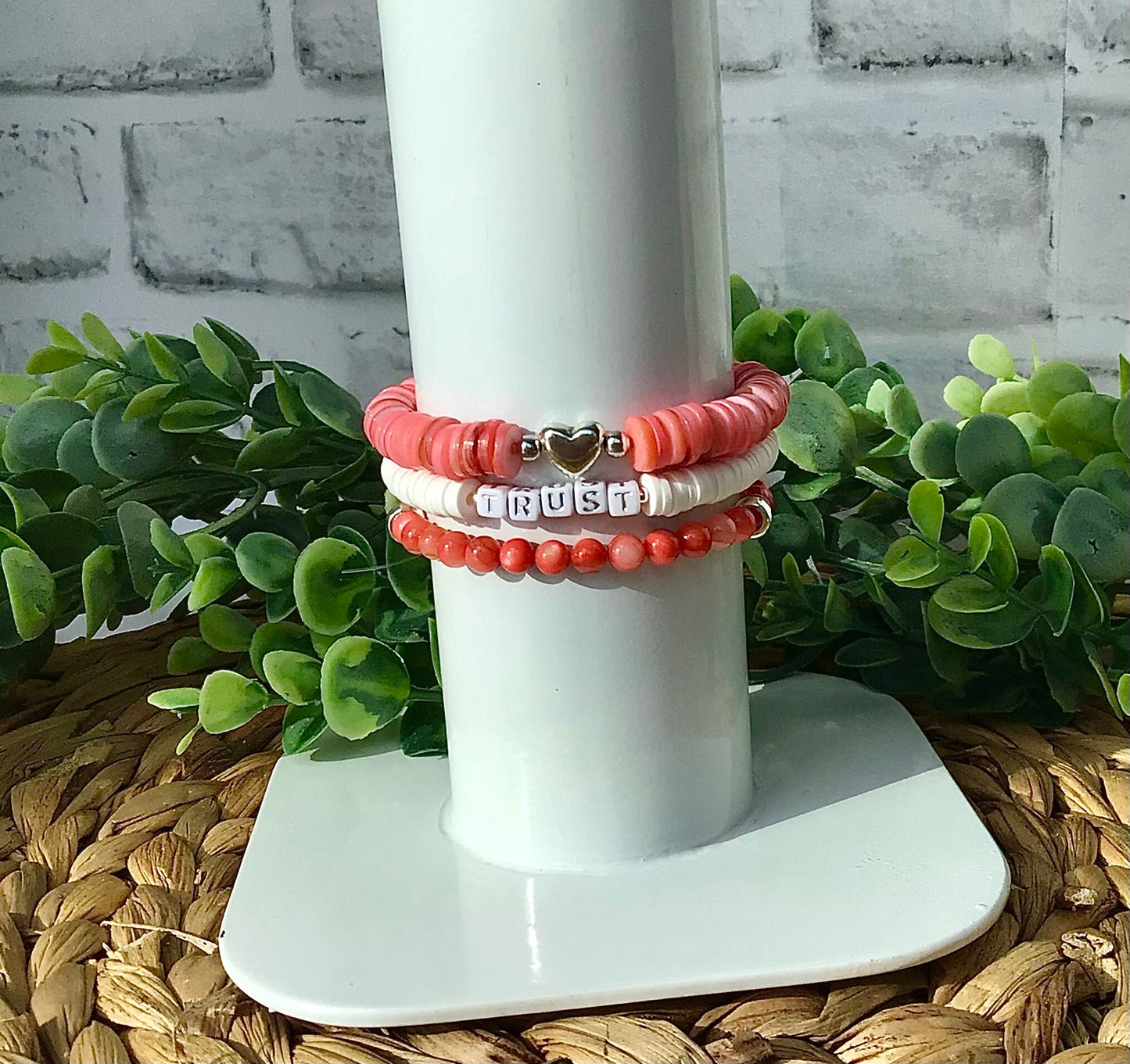 Coral and White Stack Bracelets/Stretch Bracelets/Layering Bracelets/Boho Jewelry/Handmade Gemstone Bracelets/Matching Set