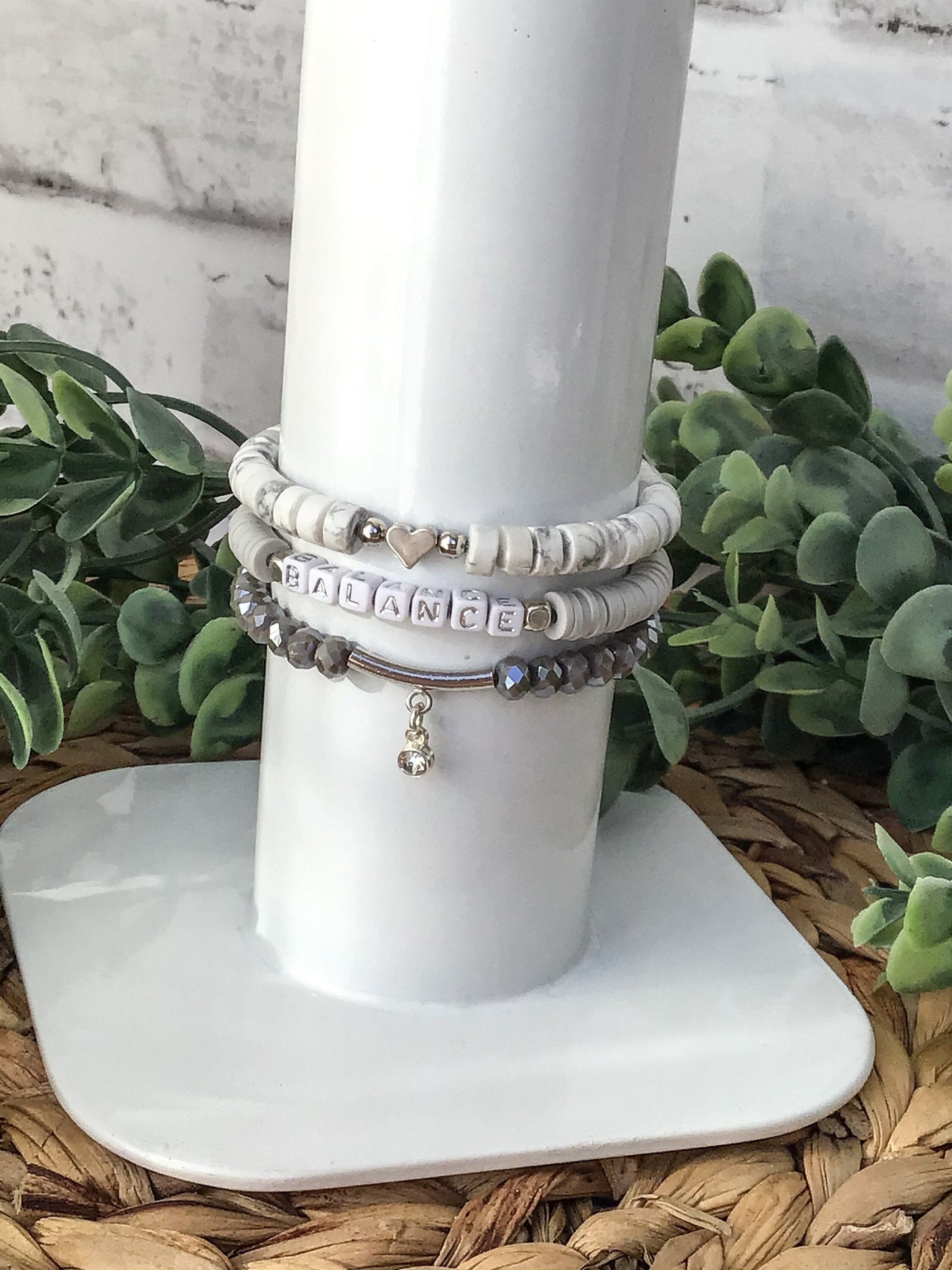 Gray and White Stack Bracelets/Stretch Bracelets/Layering Bracelets/Boho Jewelry/Handmade Gemstone Bracelets/Matching Set