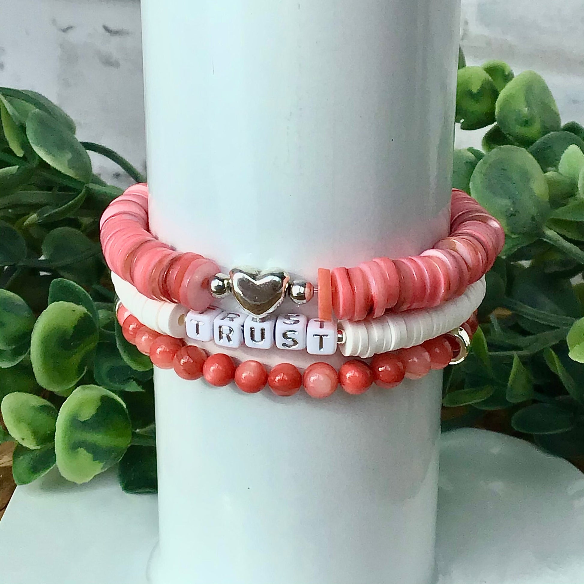 Coral and White Stack Bracelets/Stretch Bracelets/Layering Bracelets/Boho Jewelry/Handmade Gemstone Bracelets/Matching Set