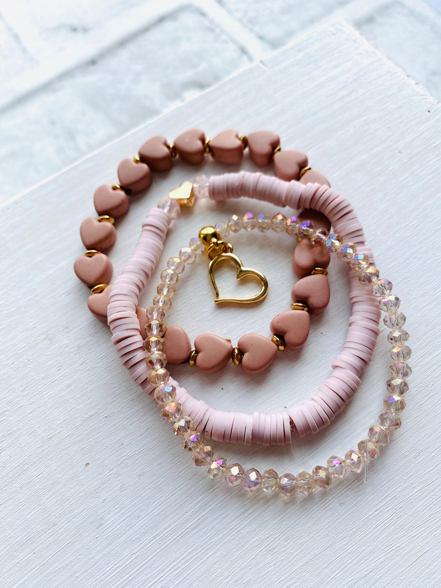 Pink Stacking Bracelets/Stretch Bracelets/Layering Bracelets/Pink and Gold Jewelry/Heart Jewelry