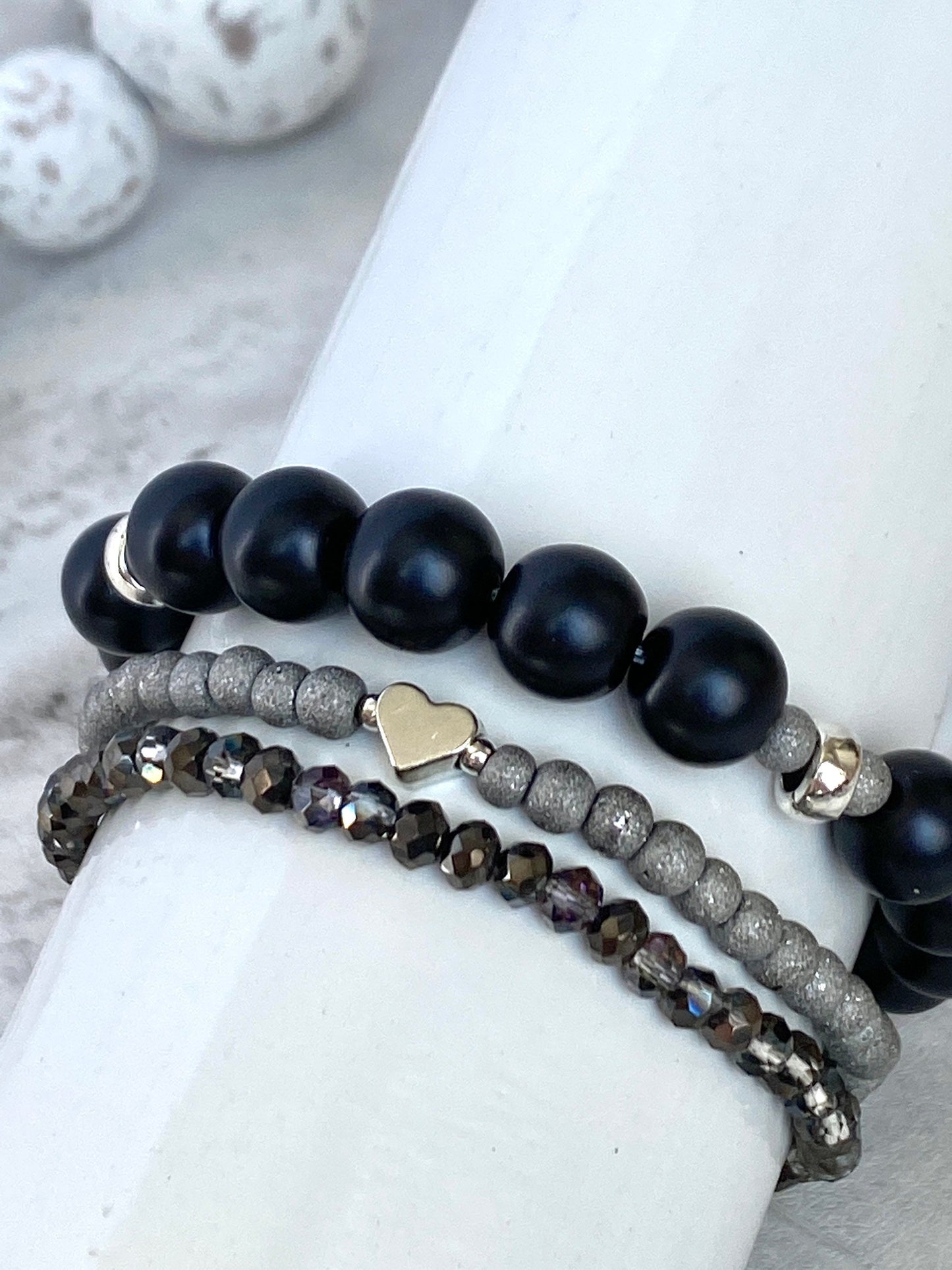 Black & Silver Stacking Bracelets/Stretch Bracelets/Layering Bracelets/Eclectic Style