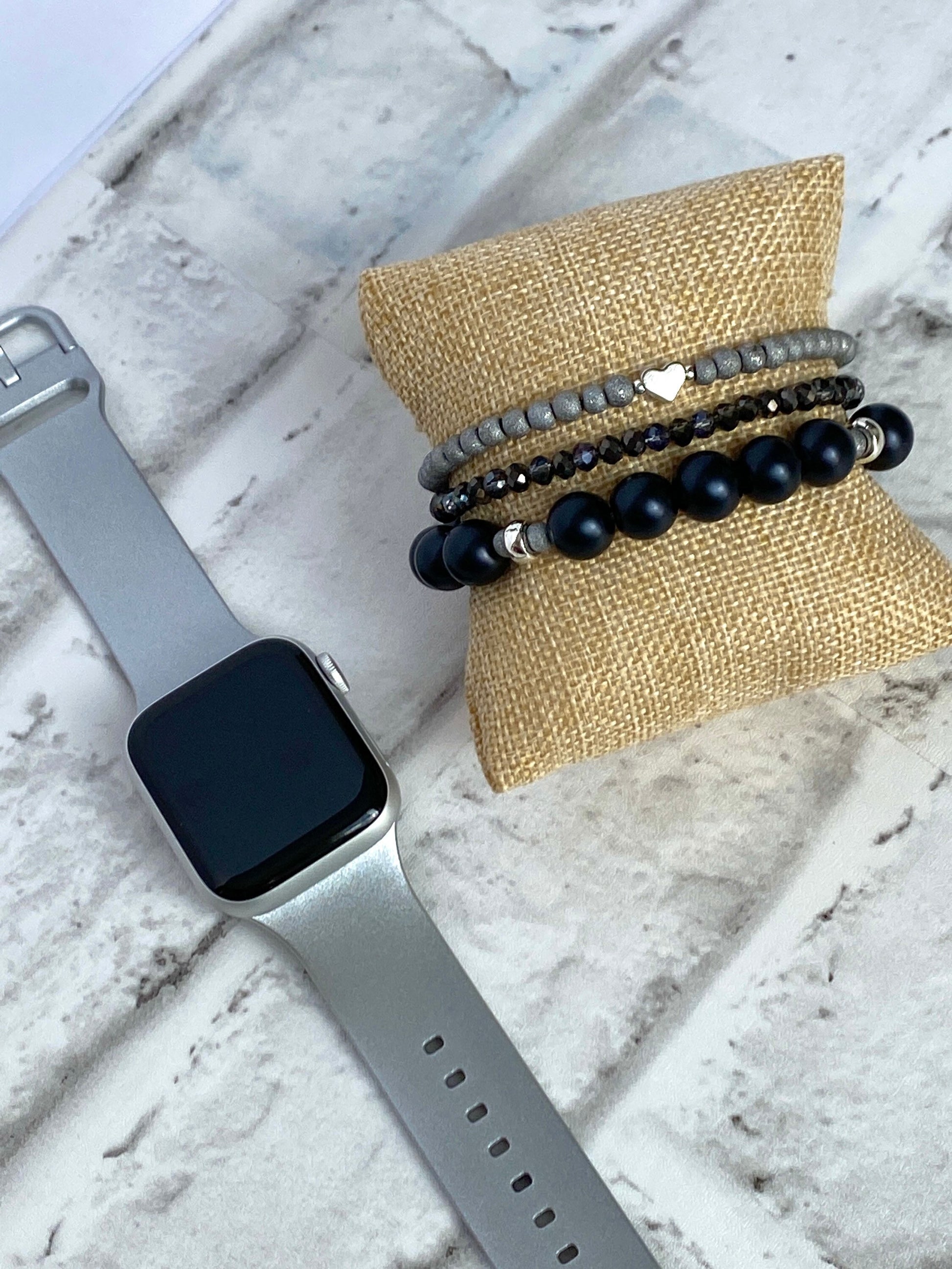 Black & Silver Stacking Bracelets/Stretch Bracelets/Layering Bracelets/Eclectic Style