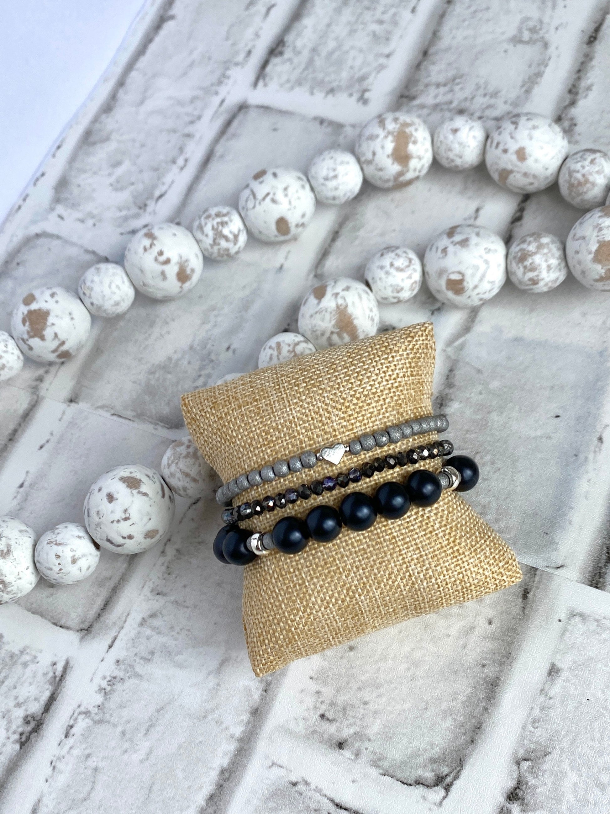 Black & Silver Stacking Bracelets/Stretch Bracelets/Layering Bracelets/Eclectic Style