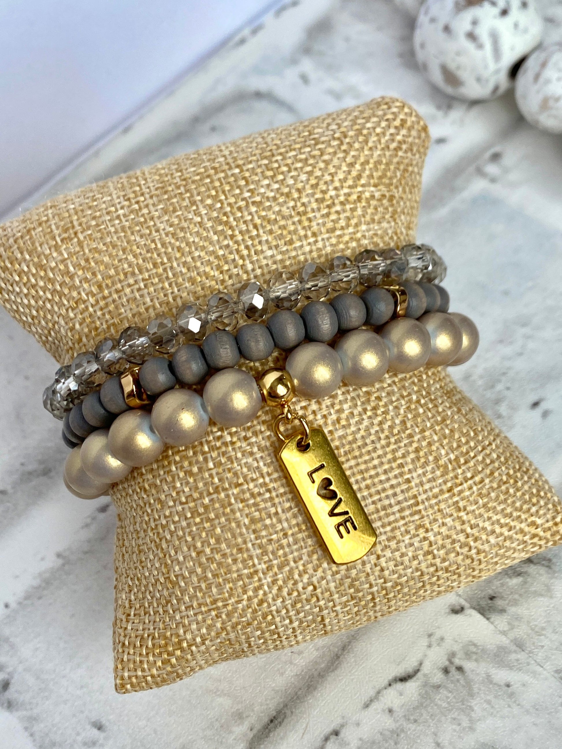 Gold/Gray Stacking Bracelets/Stretch Bracelets/Layering Bracelets/Eclectic Style